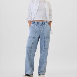 Gap High Rise Wide Leg Cargo Pull on Jeans XL Medium Wash